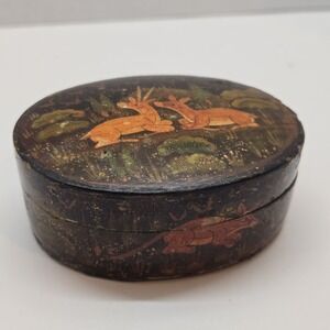 Vintage Handmade Lacquered Trinket Box With Deer Motif Made In Kashmir India